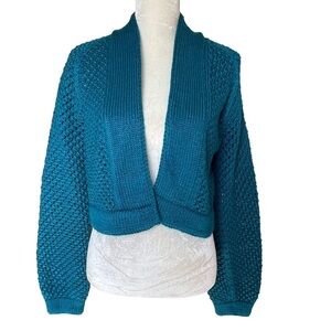 Handmade Womens Handcrafted Chunky Knit Crop Sweater Size M Open Front Turquoise